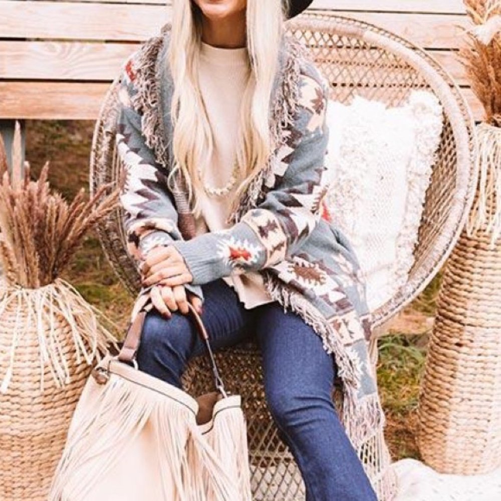 New Aztec Print Blanket Western Fringe Cardigan Sweater Coat - Picture 5 of 10